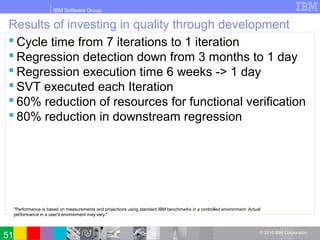 IBM Software Group
© 2010 IBM Corporation
Results of investing in quality through development
 Cycle time from 7 iterations to 1 iteration
 Regression detection down from 3 months to 1 day
 Regression execution time 6 weeks -> 1 day
 SVT executed each Iteration
 60% reduction of resources for functional verification
 80% reduction in downstream regression
"Performance is based on measurements and projections using standard IBM benchmarks in a controlled environment. Actual
performance in a user's environment may vary."
51
 