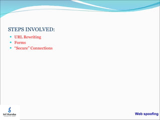STEPS INVOLVED:  URL Rewriting Forms “ Secure” Connections Web spoofing 