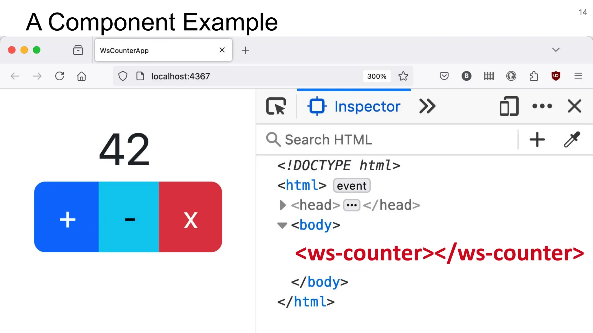 14 A Component Example <ws-counter></ws-counter> 