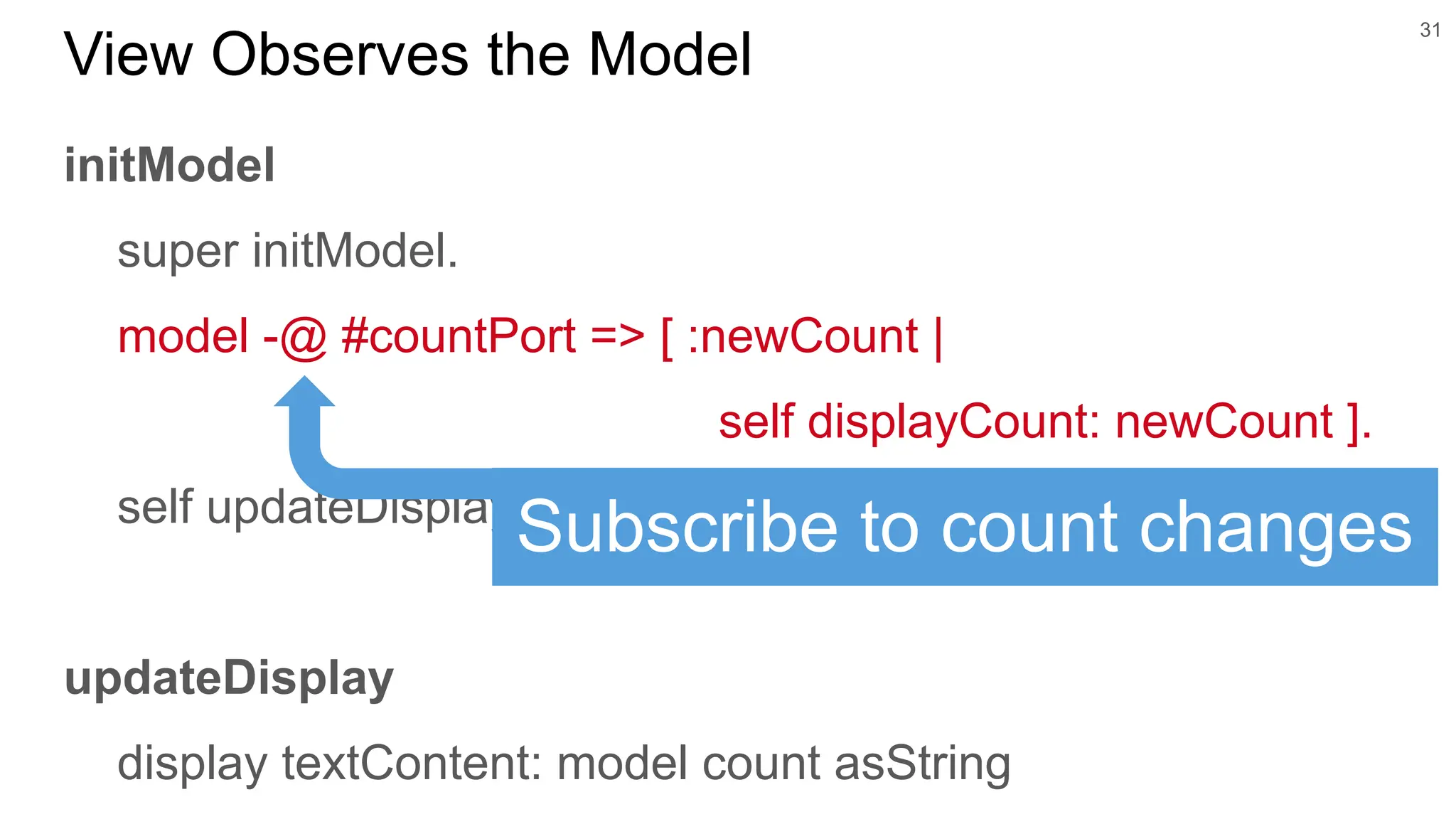 initModel super initModel. model -@ #countPort => [ :newCount | self displayCount: newCount ]. self updateDisplay updateDisplay display textContent: model count asString 31 View Observes the Model Subscribe to count changes 