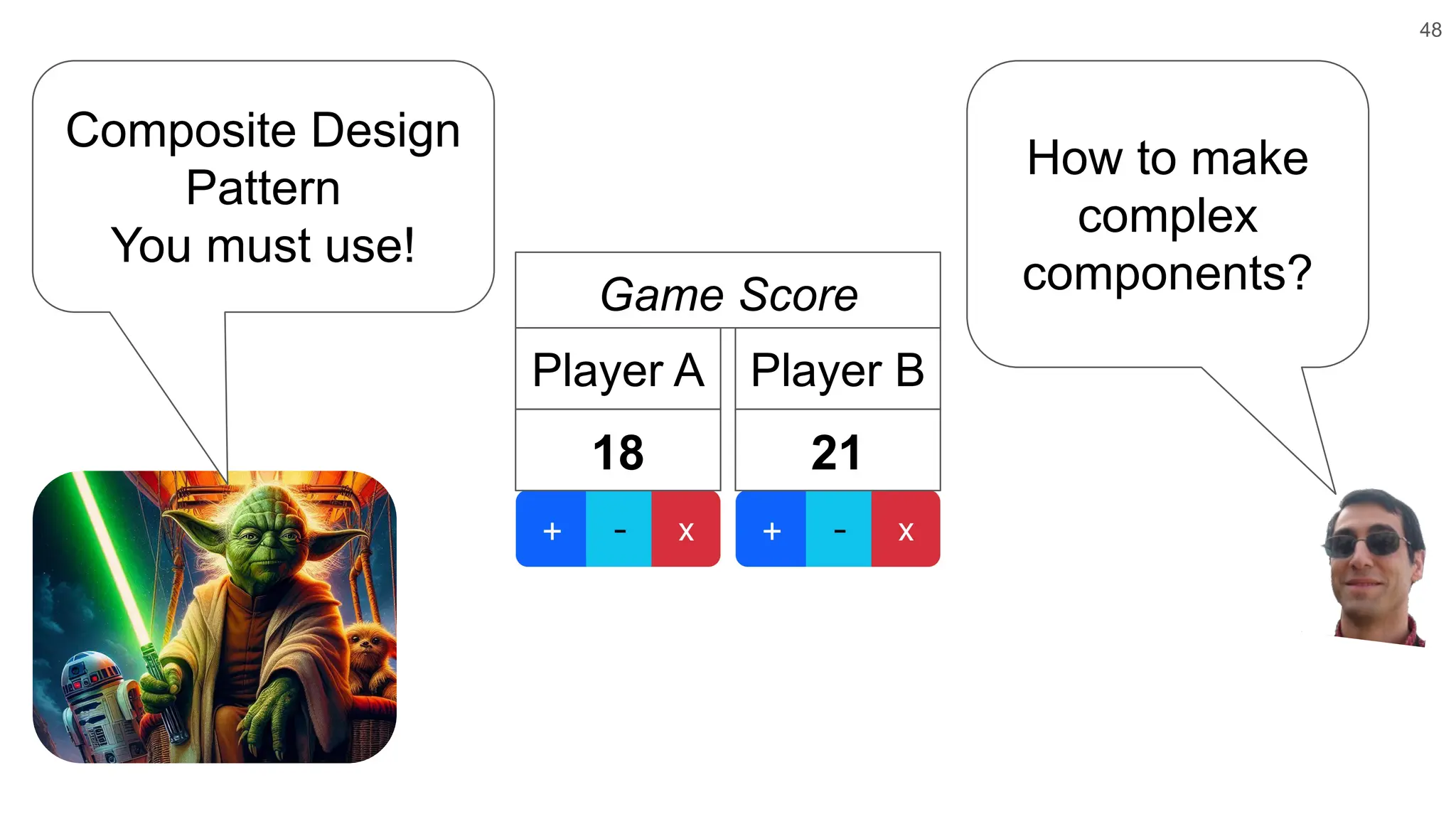 48 How to make complex components? 21 Player B 18 Player A Game Score Composite Design Pattern You must use! 