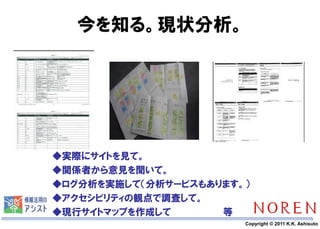 今を知る。現状分析。




◆実際にサイトを見て。
◆関係者から意見を聞いて。
◆ログ分析を実施して（分析サービスもあります。）
◆アクセシビリティの観点で調査して。
◆現行サイトマップを作成して      等
            25         Copyright © 2011 K.K. Ashisuto
 
