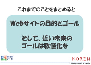 これまでのことをまとめると

Ｗｅｂサイトの目的とゴール

  そして、近い未来の
  ゴールは数値化を

      30    Copyright © 2011 K.K. Ashisuto
 