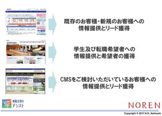 既存のお客様・新規のお客様への
   情報提供とリード獲得


  学生及び転職希望者への
  情報提供と希望者の獲得



CMSをご検討いただいているお客様への
     情報提供とリード獲得



   8        Copyright © 2011 K.K. Ashisuto
 