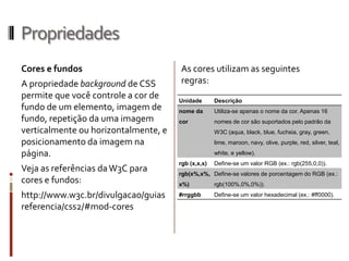 Propriedades
Cores e fundos
A propriedade background de CSS
permite que você controle a cor de
fundo de um elemento, imagem de
fundo, repetição da uma imagem
verticalmente ou horizontalmente, e
posicionamento da imagem na
página.
Veja as referências daW3C para
cores e fundos:
http://www.w3c.br/divulgacao/guias
referencia/css2/#mod-cores
Unidade Descrição
nome da
cor
Utiliza-se apenas o nome da cor. Apenas 16
nomes de cor são suportados pelo padrão da
W3C (aqua, black, blue, fuchsia, gray, green,
lime, maroon, navy, olive, purple, red, silver, teal,
white, e yellow).
rgb (x,x,x) Define-se um valor RGB (ex.: rgb(255,0,0)).
rgb(x%,x%,
x%)
Define-se valores de porcentagem do RGB (ex.:
rgb(100%,0%,0%)).
#rrggbb Define-se um valor hexadecimal (ex.: #ff0000).
As cores utilizam as seguintes
regras:
 