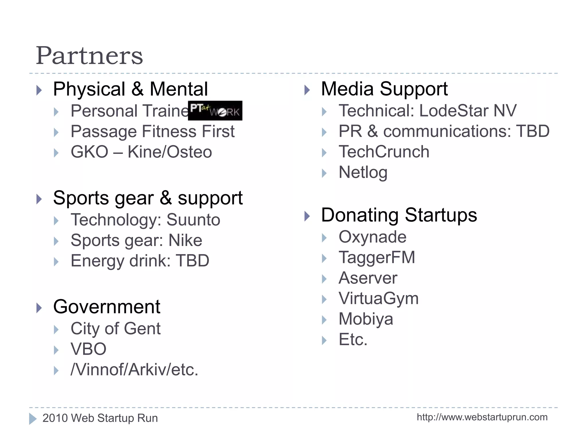 Media RoadmapQ2 2009 – project launch: press announcementQ3 2009 – training programme & progress + PRQ4 2009 – fundraising update 2009 + PRQ1 2010 – training programme & progress + PRQ2 2010 – London Marathon coverage + PRQ3 2010 – call for startup short list + PRQ4 2010 – investment decision & activation + PRInvestment lifetime: 2011, 2012, 2013, 2014, 2015http://www.webstartuprun.com2010 Web Startup Run