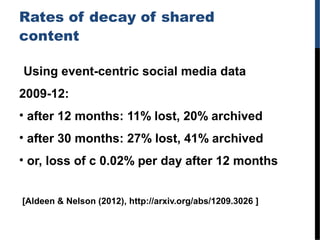 Rates of decay of shared
content
Using event-centric social media data
2009-12:
• after 12 months: 11% lost, 20% archived
...