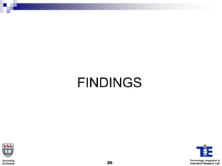 FINDINGS




University               Technology Integration &
of Victoria      20      Evaluation Research Lab
 