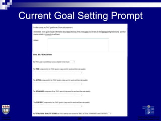 Current Goal Setting Prompt




University                             Technology Integration &
of Victoria               28           Evaluation Research Lab
 