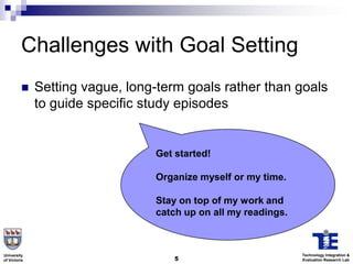 Challenges with Goal Setting
             Setting vague, long-term goals rather than goals
              to guide specific study episodes


                                 Get started!

                                 Organize myself or my time.

                                 Stay on top of my work and
                                 catch up on all my readings.



University                                                      Technology Integration &
of Victoria                          5                          Evaluation Research Lab
 