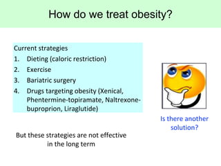 How do we treat obesity?
Current strategies
1. Dieting (caloric restriction)
2. Exercise
3. Bariatric surgery
4. Drugs tar...