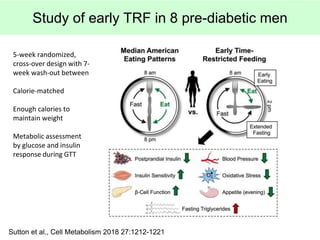 Sutton et al., Cell Metabolism 2018 27:1212-1221
Study of early TRF in 8 pre-diabetic men
5-week randomized,
cross-over de...