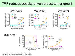 TRF reduces obesity-driven breast tumor growth
OVX-Py230 VCD-Py230 OVX-E0771
OVX-PyMT
Das M. et al., Nature Commun 12:565,...
