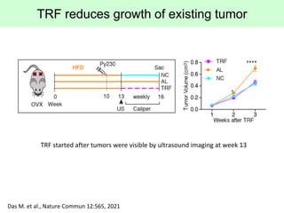 TRF reduces growth of existing tumor
Das M. et al., Nature Commun 12:565, 2021
TRF started after tumors were visible by ul...