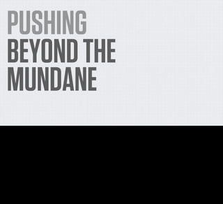 PUSHING
     BEYOND THE
     MUNDANE
Anyway, where were we?

At the beginning of this talk, I said that I thought the next stage of network enabled appliances in the home was not the performative stuff that we’ve seen so far, but simple, cheap, practical
interventions that add a little more value to the stuff in our homes.
 