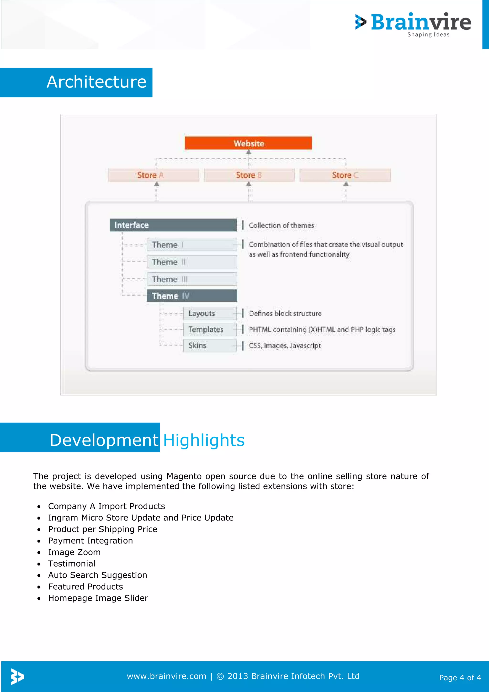 www.brainvire.com | © 2013 Brainvire Infotech Pvt. Ltd Page 4 of 4
Architecture
Development Highlights
The project is developed using Magento open source due to the online selling store nature of
the website. We have implemented the following listed extensions with store:
• Company A Import Products
• Ingram Micro Store Update and Price Update
• Product per Shipping Price
• Payment Integration
• Image Zoom
• Testimonial
• Auto Search Suggestion
• Featured Products
• Homepage Image Slider
 
