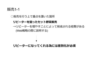 販売戦略1-2
○何に重点を置くことで差別化を狙ったか？
学歴・経歴を徹底的に見直した
生物系の大学院に進学して、先端の生物学を学んだ
ということをアピールすることにした
他の有機農業栽培者と比較して、自然現象には必ず仮説を
立てて栽培に向き合うという姿勢を前面に出した
 