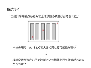 販売戦略3-1
○土壌診断で傾向をつかむ
環境変数が大きい所で傾向をつかむ為には、膨大なデータ
とりを行わなければならず、そんな高度な統計処理を行え
る人が農業の業界にいるとは到底思えない。
未熟な統計データに資金を回す価値は無意味と判断
 