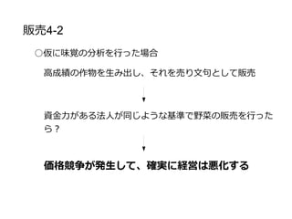 販売戦略まとめ
○自身の強みは何なのか？を考える
○説がすぐに逆転されそうな売り文句は使わない
○解析を行う際は、統計的に見て意味があるか？を考　
　え、資金力があるならば行っても良いが、その資金
　はなるべく環境補正に使った方が有利
○資金力が高い法人が簡単に参入できるような指標は
　なるべく使わない
 