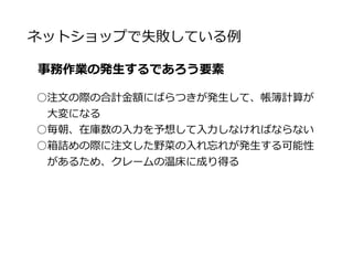 注文してほしいお客様像を定める
軌道が安定するまで、セレクトファームでは
○価格の統一のため、できればセット販売のみにしたい
○セット販売の場合、たくさん獲れたものから詰めていきたい
○個々の作物の注文を受ける場合は、セットの量の増量のみで
　対応
セット販売以外を希望の方の注文は受け付けま
せんと宣言
 