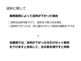注文してほしいお客様像を定める
売り手の都合ばかりの販売形態で購入してくれ
るお客様はいるのだろうか？
○セット販売のみ許可
○増量の場合も買い手の自由が少ない
○注文してもすぐに届かない
 
