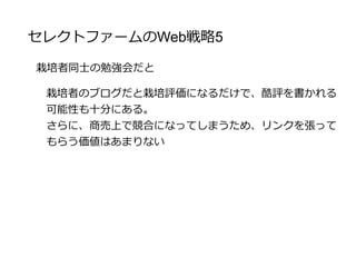 セレクトファームのWeb戦略5
料理人や栄養士向けの勉強会だと
純粋に作物が出来る様を書いてもらえる上、商売上競合に
なることがほとんどない
料理人や栄養士の普段の付き合いのある人たちにリーチで
きる
そもそも、専門家はどんな作物が欲しいか？という市場調査
にもなる
 