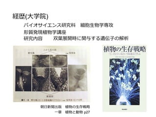 経歴(大学院)
バイオサイエンス研究科　細胞生物学専攻
形質発現植物学講座
研究内容 双葉展開時に関与する遺伝子の解析
朝日新聞出版　植物の生存戦略
一章　植物と動物 p27
 