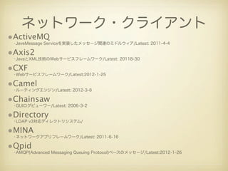 ネットワーク・クライアント
•ActiveMQ
 •JaveMessage Serviceを実装したメッセージ関連のミドルウィア/Latest: 2011-4-4

•Axis2
 •JavaとXML技術のWebサービスフレームワーク/Latest: 20118-30

•CXF
 •Webサービスフレームワーク/Latest:2012-1-25

•Camel
 •ルーティングエンジン/Latest: 2012-3-6

•Chainsaw
 •GUIログビューワー/Latest: 2006-3-2

•Directory
 •LDAP v3対応ディレクトリシステム/

•MINA
 •ネットワークアプリフレームワーク/Latest: 2011-6-16

•Qpid
 •AMQP(Advanced Messaging Queuing Protocol)ベースのメッセージ/Latest:2012-1-26
 
