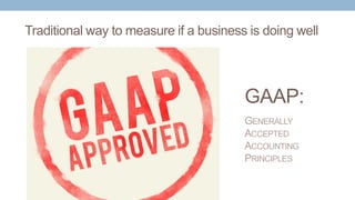 Traditional way to measure if a business is doing well
GAAP:
GENERALLY
ACCEPTED
ACCOUNTING
PRINCIPLES
 