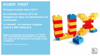 #USER FIRST
Pourquoi investir dans l’UX ?
Un exemple concret, 27% de
shoppers en ligne ont abandonné une
commande.
Le résultat : un manque à gagner
estimé à 260 milliards $.
Raison de l’abandon sur le parcours : Le “check
out” / processus de commande et le paiement
sont jugés par les utilisateurs trop longs et trop
compliqués.
https://uxmastery.com/impact-of-investing-in-ux/
 