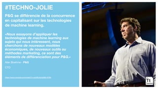 #TECHNO-JOLIE
P&G se différencie de la concurrence
en capitalisant sur les technologies
de machine learning.
«Nous essayons d’appliquer les
technologies de machine learning aux
sujets qui nous intéressent, nous
cherchons de nouveaux modèles
économiques, de nouveaux outils ou
méthodes marketing, ce sont des
éléments de différenciation pour P&G.»
Alan Boehme - P&G
CTO
https://www.youtube.com/watch?v=zqvMLKsrIgM&t=978s
 