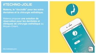 #TECHNO-JOLIE
Malena, le “doctolib” pour les soins
dentaires et la chirurgie esthétique.
Malena propose une solution de
réservation pour les dentistes et
cliniques de chirurgie esthétique au
Moyen-Orient.
http://malenaapp.com/
 