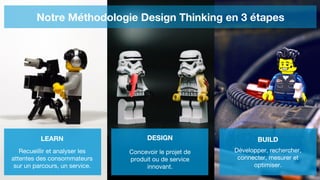 Notre Méthodologie Design Thinking en 3 étapes
LEARN
Recueillir et analyser les
attentes des consommateurs
sur un parcours, un service.
DESIGN
Concevoir le projet de
produit ou de service
innovant.
BUILD
Développer, rechercher,
connecter, mesurer et
optimiser.
 