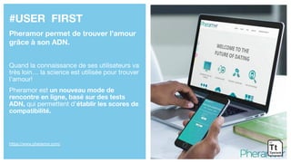#USER FIRST
Pheramor permet de trouver l’amour
grâce à son ADN.
Quand la connaissance de ses utilisateurs va
très loin… la science est utilisée pour trouver
l’amour!
Pheramor est un nouveau mode de
rencontre en ligne, basé sur des tests
ADN, qui permettent d’établir les scores de
compatibilité.
https://www.pheramor.com/
 