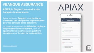 #BANQUE ASSURANCE
APIAX, la Regtech au service des
banques & assurances.
Apiax est une « Regtech » qui facilite le
traitement des obligations réglementaires
pour les banques et les assureurs.
La plateforme permet de définir les règles et
les procédures de conformité, tout en
apportant des réponses aux questions
complexes sur le sujet de la régulation.
https://www.apiax.com/
 
