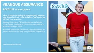 #BANQUE ASSURANCE
REVOLUT et les cryptos.
« Les crypto-monnaies ne représentent pas une
part importante de notre activité, c’est moins de
10% de nos revenus. »
Nikolay Storonsky, CEO et fondateur de Revolut,
qui a intégré l’achat de crypto-monnaies dans son
application début 2018.
Pour des raisons de conformité, les transactions en
crypto-monnaies ne sont pas possibles via Revolut.
https://youtu.be/6mvPS1mjIn8
 