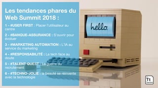 Les tendances phares du
Web Summit 2018 :
1 - #USER FIRST : Placer l’utilisateur au
centre
2 - #BANQUE-ASSURANCE : S’ouvrir pour
évoluer
3 - #MARKETING AUTOMATION : L’IA au
service du marketing
4 - #RESPONSABILITÉ : La tech face au
doute
5 - #TALENT QUEST : La guerre du
recrutement
6 - #TECHNO-JOLIE : la beauté se réinvente
avec la technologie
 