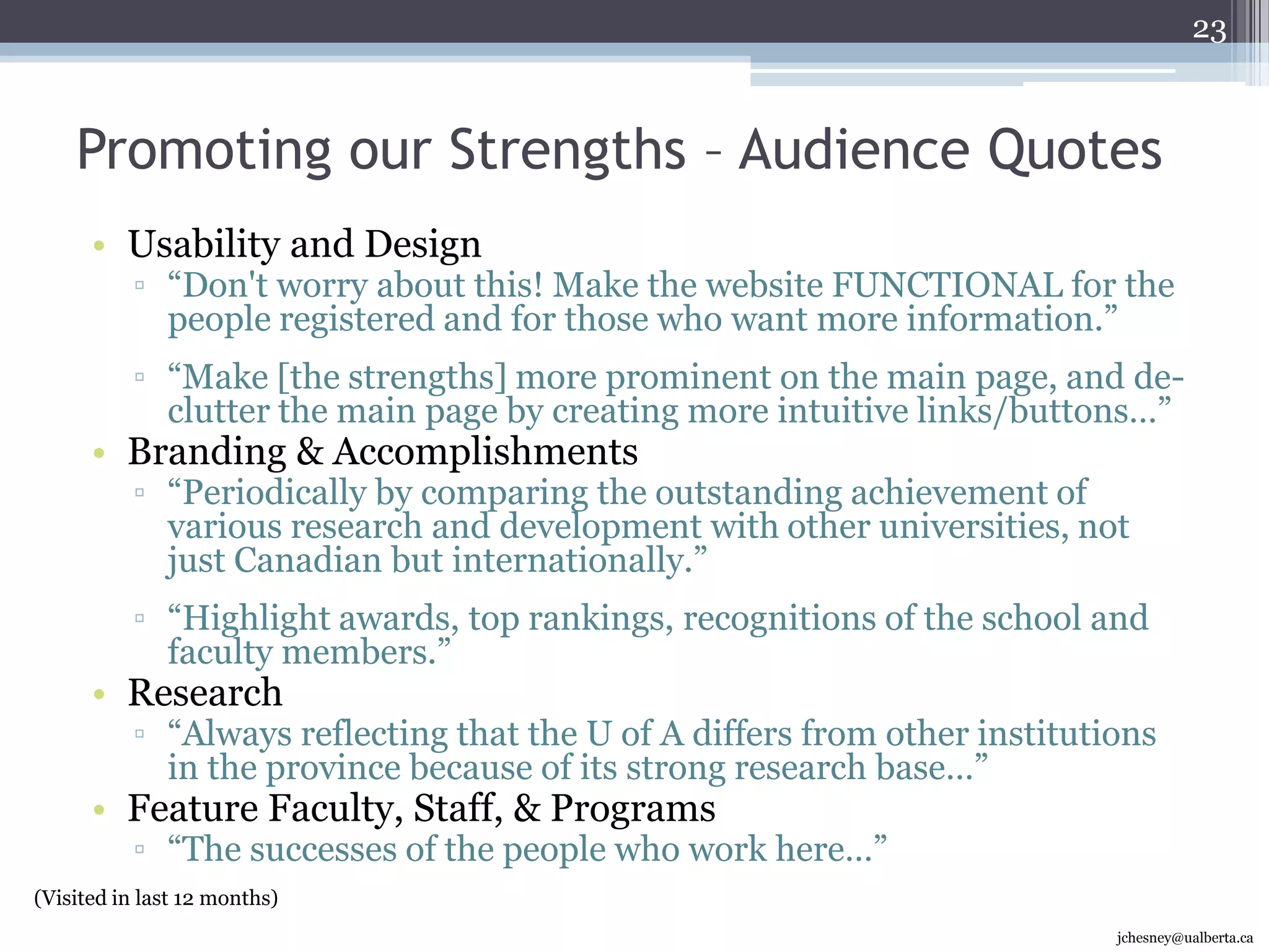 Website Impressions (current state)16(Visited in last 12 months)jchesney@ualberta.ca