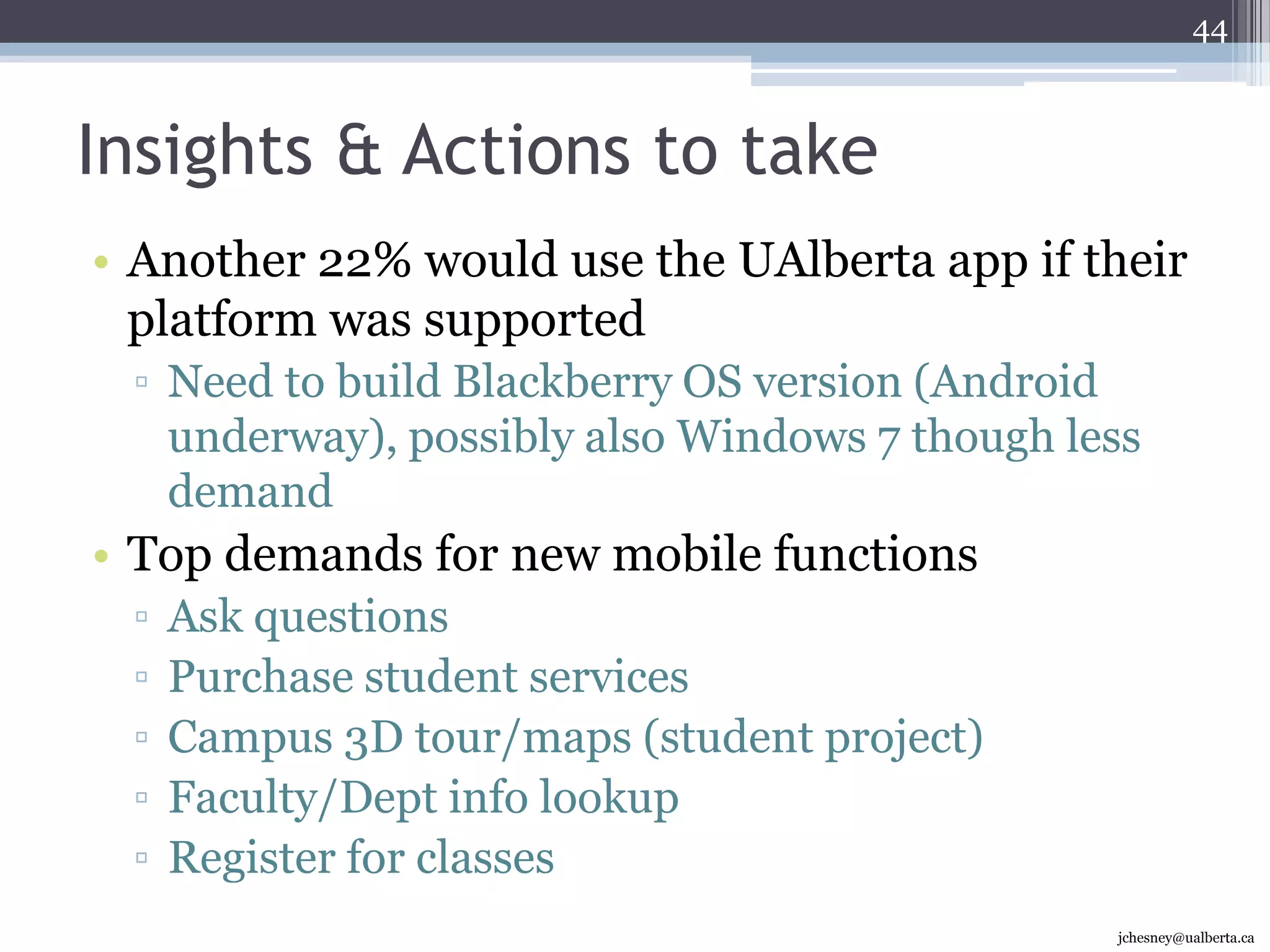 New Content SuggestionsUser generated suggestions for contentInterested in replicating functionality of website in more extensive mobile app Social media for “informal” content(Everyone but non-attendees & those who have not visited in the last 12 months)jchesney@ualberta.ca