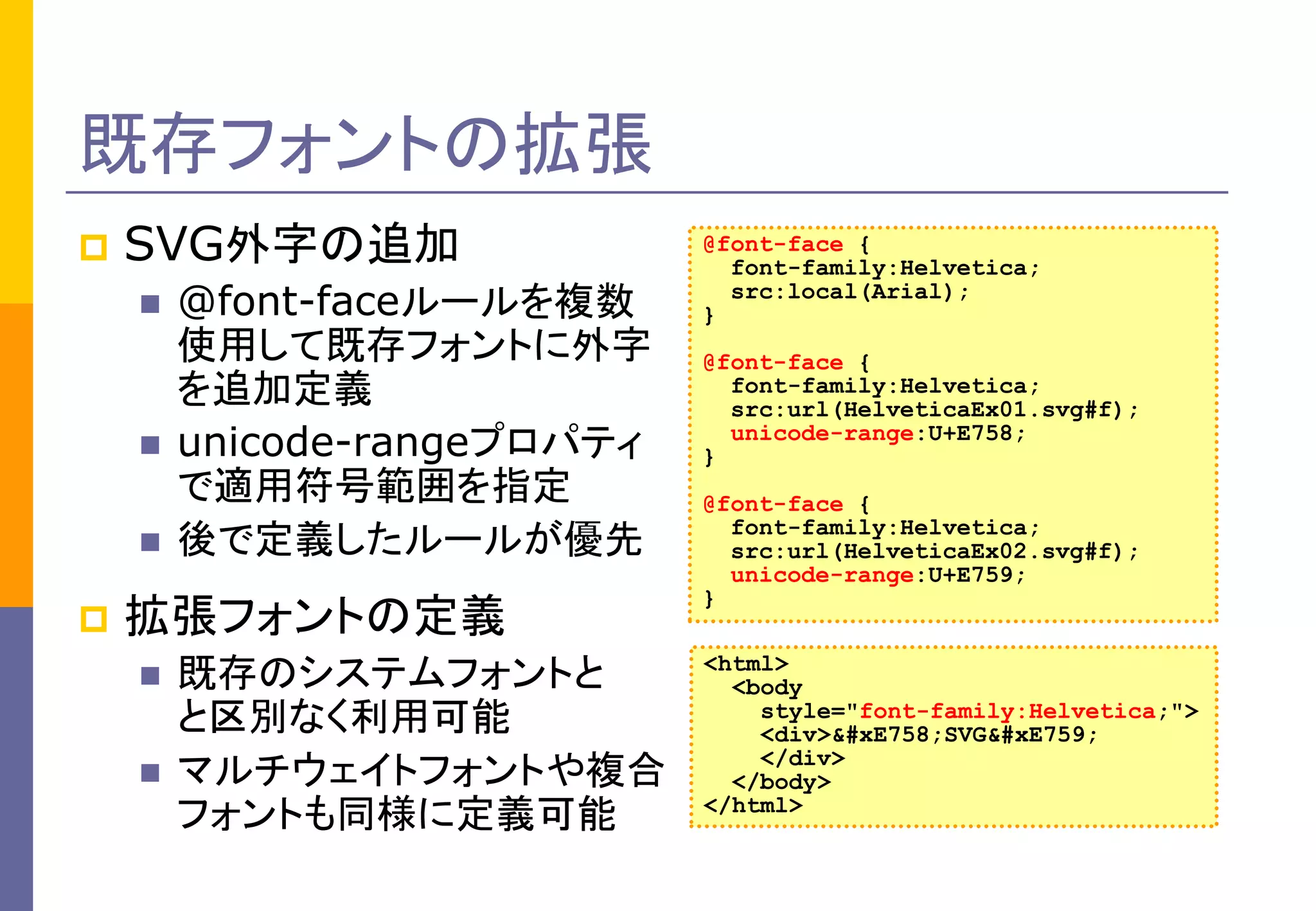 既存フォントの拡張


SVG外字の追加







@font-faceルールを複数
使用して既存フォントに外字
を追加定義
unicode-rangeプロパティ
で適用符号範囲を指定
後で定義したルールが優先

拡張フォントの定義




既存のシステムフォントと
と区別なく利用可能
マルチウェイトフォントや複合
フォントも同様に定義可能

@font-face {
font-family:Helvetica;
src:local(Arial);
}
@font-face {
font-family:Helvetica;
src:url(HelveticaEx01.svg#f);
unicode-range:U+E758;
}
@font-face {
font-family:Helvetica;
src:url(HelveticaEx02.svg#f);
unicode-range:U+E759;
}
<html>
<body
style="font-family:Helvetica;">
<div>SVG
</div>
</body>
</html>

 