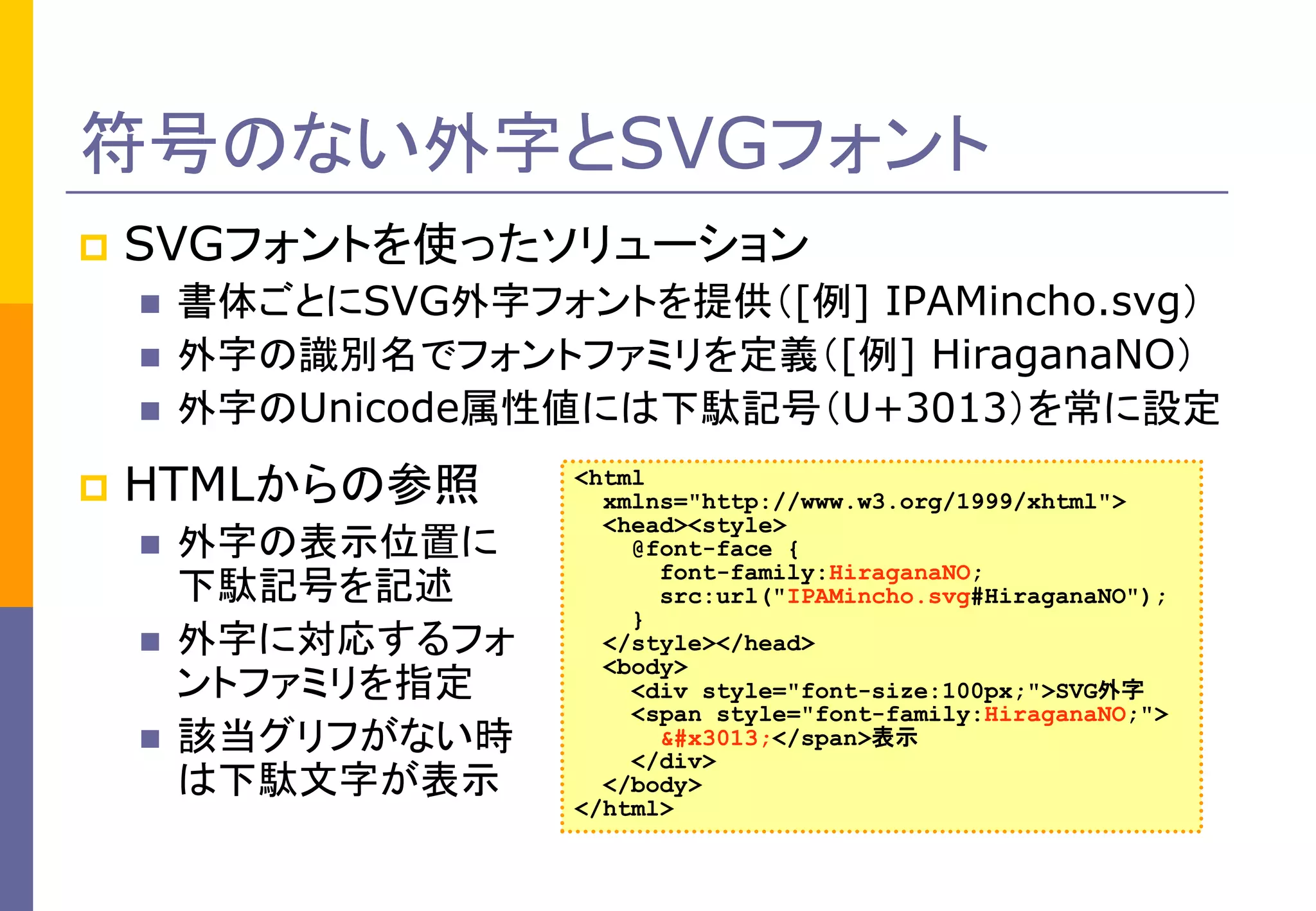 符号のない外字とSVGフォント


SVGフォントを使ったソリューション






書体ごとにSVG外字フォントを提供（[例] IPAMincho.svg）
外字の識別名でフォントファミリを定義（[例] HiraganaNO）
外字のUnicode属性値には下駄記号（U+3013）を常に設定

HTMLからの参照




外字の表示位置に
下駄記号を記述
外字に対応するフォ
ントファミリを指定
該当グリフがない時
は下駄文字が表示

<html
xmlns="http://www.w3.org/1999/xhtml">
<head><style>
@font-face {
font-family:HiraganaNO;
src:url("IPAMincho.svg#HiraganaNO");
}
</style></head>
<body>
<div style="font-size:100px;">SVG外字
<span style="font-family:HiraganaNO;">
〓</span>表示
</div>
</body>
</html>

 