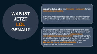 LearningOutLoud ist ein formales Framework für ein
informelles Lernsetting.
Schwerpunkt dieser Methode ist das informelle Peer-
to-Peer-Coaching, um Social Learning zu etablieren.
Mit diesem Modell ist die Hoffnung verbunden, dass
nicht nur die jeweiligen Inhalte gelernt, sondern auch
positive Erfahrungen mit einer kollaborativen
und selbstorganisierten Lernform gesammelt werden,
die die Beteiligten im Idealfall fit für die 4.0-Lernwelt
machen – und so mit kleinen Schritten zu einem
Wandel der Lern- und Arbeitskultur in der
gesamten Organisation beitragen.
WAS IST
JETZT
LOL
GENAU?
 