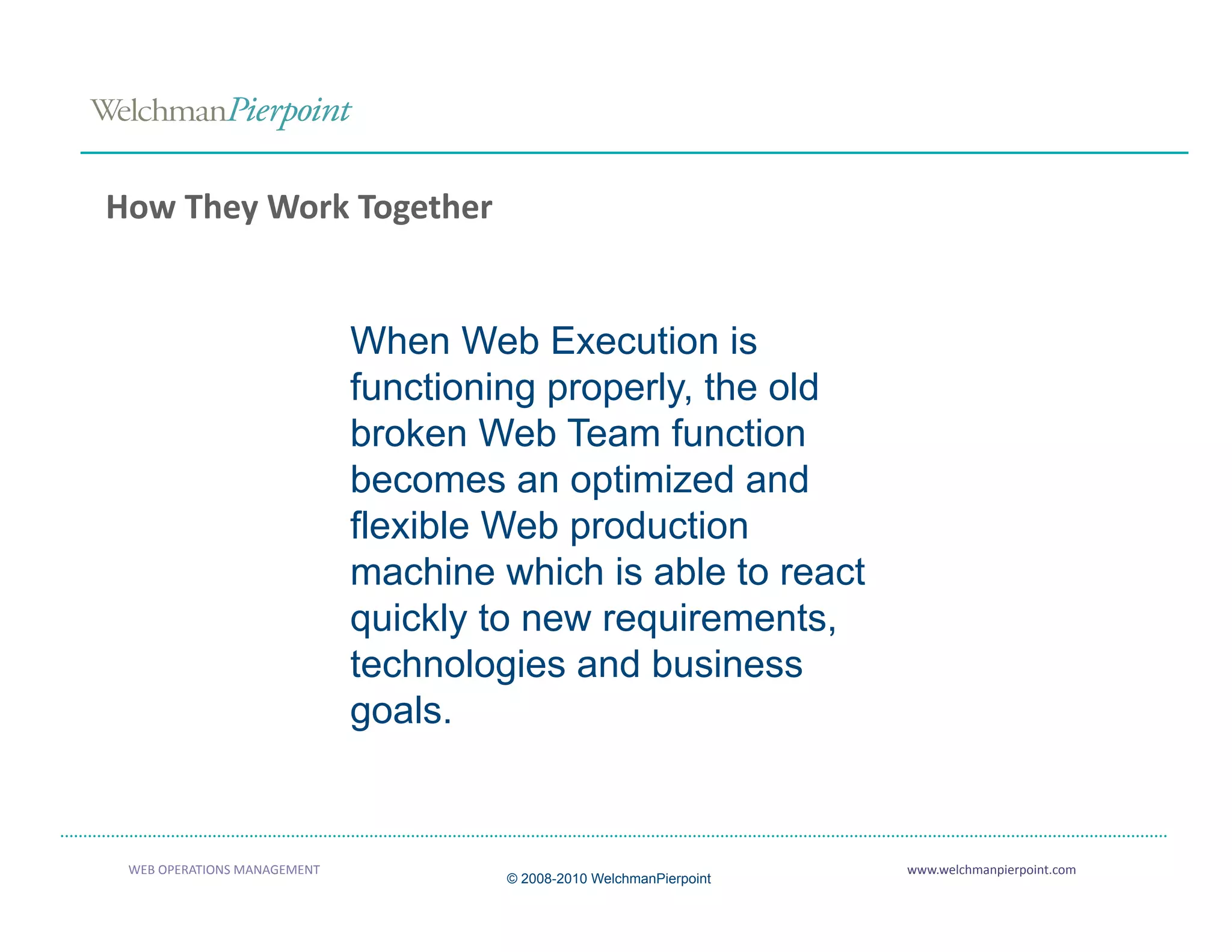 How They Work Together 


                              When Web Execution is
                              functioning properly, the old
                              broken Web Team function
                              becomes an optimized and
                              flexible Web production
                              machine which is able to react
                              quickly to new requirements,
                              technologies and business
                              goals.


 WEB OPERATIONS MANAGEMENT                                             www.welchmanpierpoint.com 
                                       © 2008-2010 WelchmanPierpoint
 