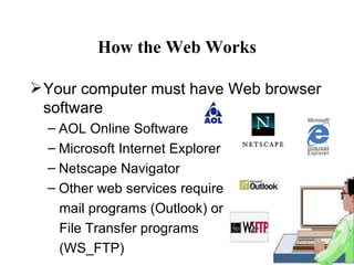 How the Web Works

 Your computer must have Web browser
  software
  – AOL Online Software
  – Microsoft Internet Explorer
  – Netscape Navigator
  – Other web services require
   mail programs (Outlook) or
   File Transfer programs
   (WS_FTP)
 