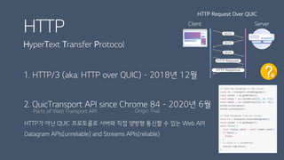 HTTP
HyperText Transfer Protocol
1. HTTP/3 (aka. HTTP over QUIC) - 2018년 12월
Client Server
HTTP Request Over QUIC
2. QuicTransport API since Chrome 84 - 2020년 6월
HTTP가 아닌 QUIC 프로토콜로 서버와 직접 양방향 통신할 수 있는 Web API
Datagram APIs(unreliable) and Streams APIs(reliable)
Origin TrialParts of Web Transport API
8
 