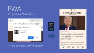 PWA
Progressive Web Apps
* How to install: 브라우저, 앱스토어
 