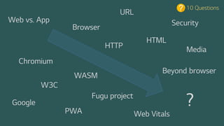 HTTP
URL
HTML
Browser
Web vs. App
Chromium
WASM
PWA Web Vitals
Google
Security
?
10 Questions
W3C
Beyond browser
Media
Fugu project
 