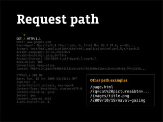 Request path
GET / HTTP/1.1
Host: www.google.com
User-Agent: Mozilla/5.0 (Macintosh; U; Intel Mac OS X 10.6; en-US;...
Accept: text/html,application/xhtml+xml,application/xml;q=0.9,*/*;q=0.8
Accept-Language: en-us,en;q=0.5
Accept-Encoding: gzip,deflate
Accept-Charset: ISO-8859-1,utf-8;q=0.7,*;q=0.7
Keep-Alive: 300
Connection: keep-alive
Cookie: PREF=ID=1b1e370406541f31:U=cbfc7563400e91be:LD=en:NR=10:TM=12546...

HTTP/1.x 200 OK
Date: Sun, 18 Oct 2009 23:43:31 GMT
Expires: -1                               Other path examples
Cache-Control: private, max-age=0
Content-Type: text/html; charset=UTF-8    /page.html
Content-Encoding: gzip                    /?q=cat%20pictures&btn=...
Server: gws                               /images/title.png
Content-Length: 3533
X-XSS-Protection: 0                       /2009/10/19/naval-gazing
 