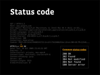 Status code
GET / HTTP/1.1
Host: www.google.com
User-Agent: Mozilla/5.0 (Macintosh; U; Intel Mac OS X 10.6; en-US;...
Accept: text/html,application/xhtml+xml,application/xml;q=0.9,*/*;q=0.8
Accept-Language: en-us,en;q=0.5
Accept-Encoding: gzip,deflate
Accept-Charset: ISO-8859-1,utf-8;q=0.7,*;q=0.7
Keep-Alive: 300
Connection: keep-alive
Cookie: PREF=ID=1b1e370406541f31:U=cbfc7563400e91be:LD=en:NR=10:TM=12546...

HTTP/1.x 200 OK
Date: Sun, 18 Oct 2009 23:43:31 GMT
Expires: -1                                      Common status codes
Cache-Control: private, max-age=0
Content-Type: text/html; charset=UTF-8           200   OK
Content-Encoding: gzip                           302   Found
Server: gws                                      304   Not modified
Content-Length: 3533
X-XSS-Protection: 0                              404   Not found
                                                 500   Server error
 