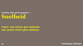 Fabrique
Snelheid
voor: 100 views per minute
na: 5000 views per minute
caching, mits goed toegepast ==
Technology+34
 
